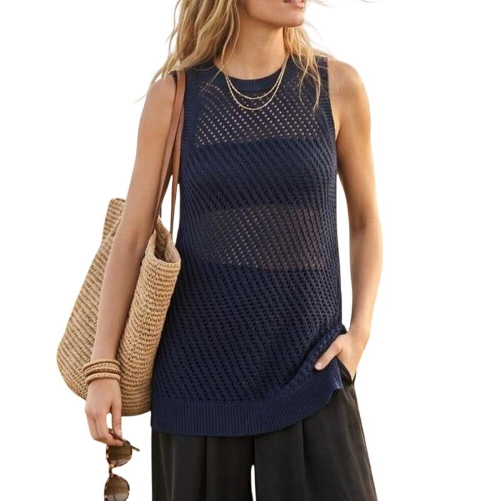 Vince Mesh Navy Blue Crochet Knit 100% Cotton Tank Sleeveless Tunic Size M